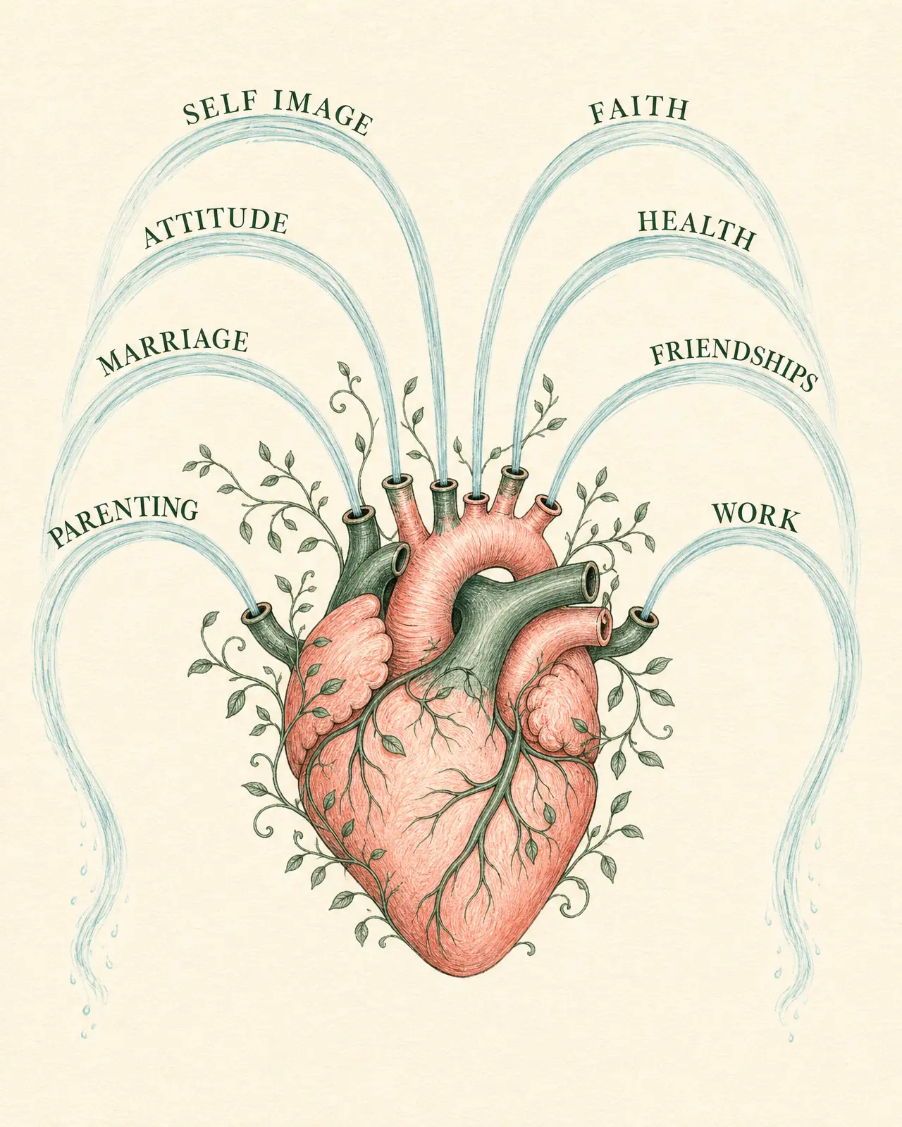 Illustration of a heart with clear streams flowing out to marriage, parenting, work, and faith