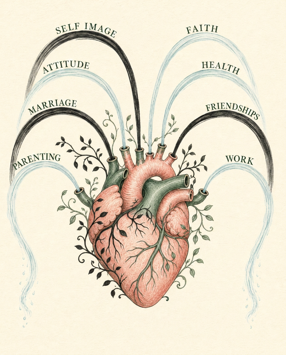 Illustration of a heart with dark, clouded streams flowing out to marriage, parenting, work, and faith